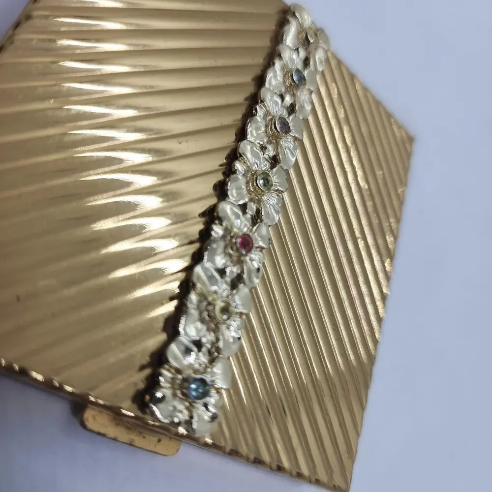 Vintage Volupte Powder Compact Gold Tone Floral Rhinestone Mirror Vanity USA